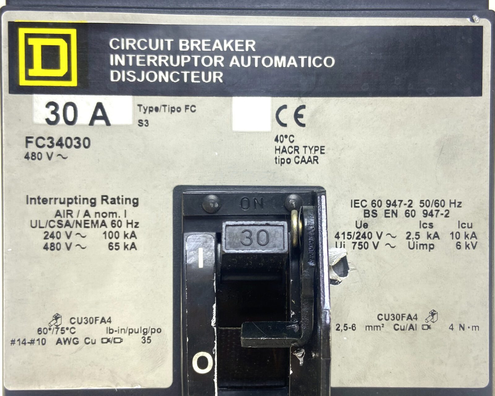 Square D FC34030 3 Pole 30 Amp 480V I-Line Breaker w/TEST REPORT