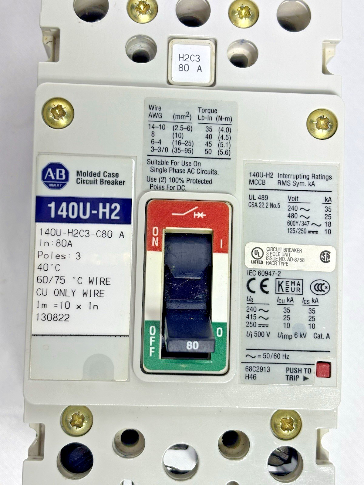 Allen-Bradley 140U-H2C3-C80 MCCB 80A 3P Circuit Breaker 600V