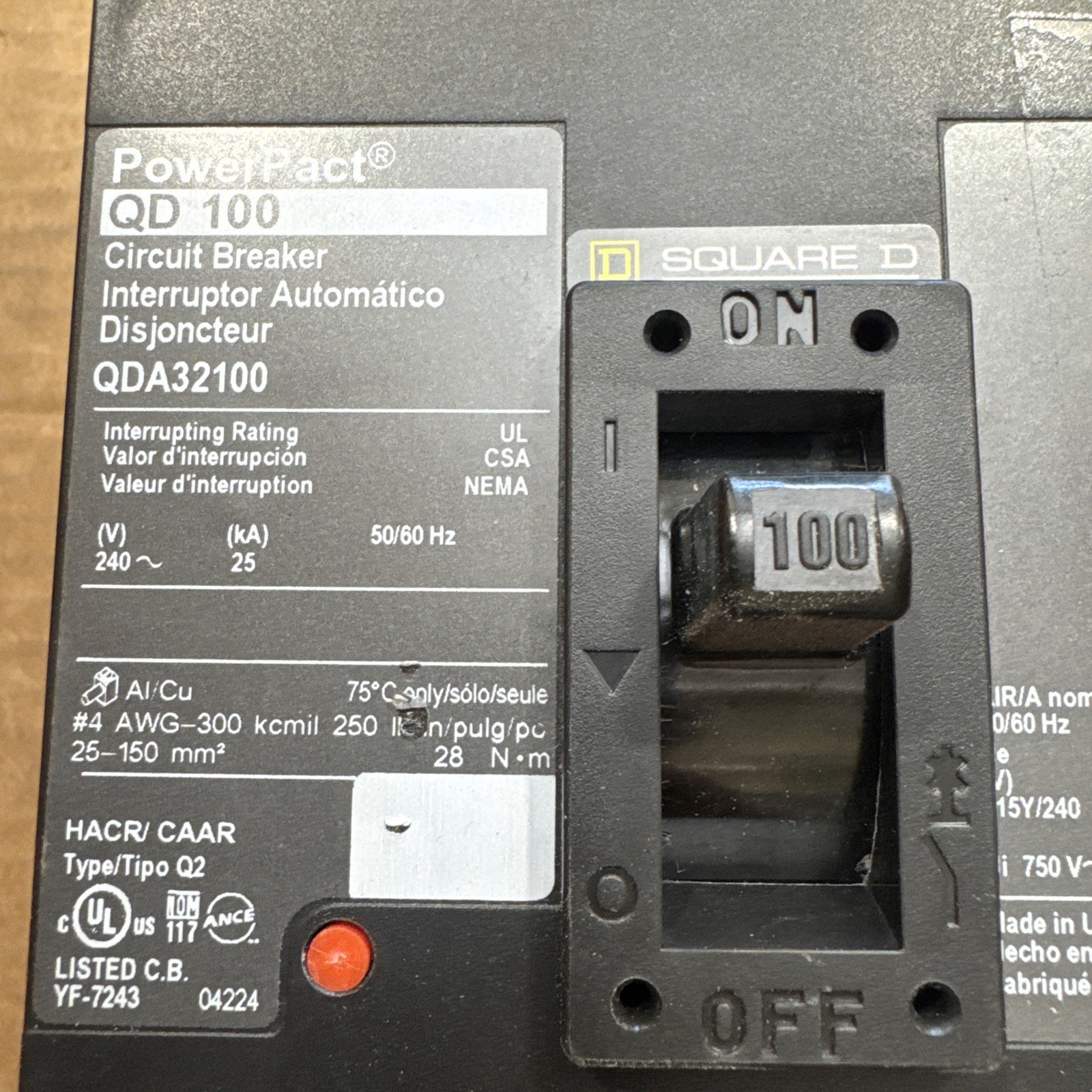 Square D QDA32100 PowerPact 100A 3 Pole Circuit Breaker