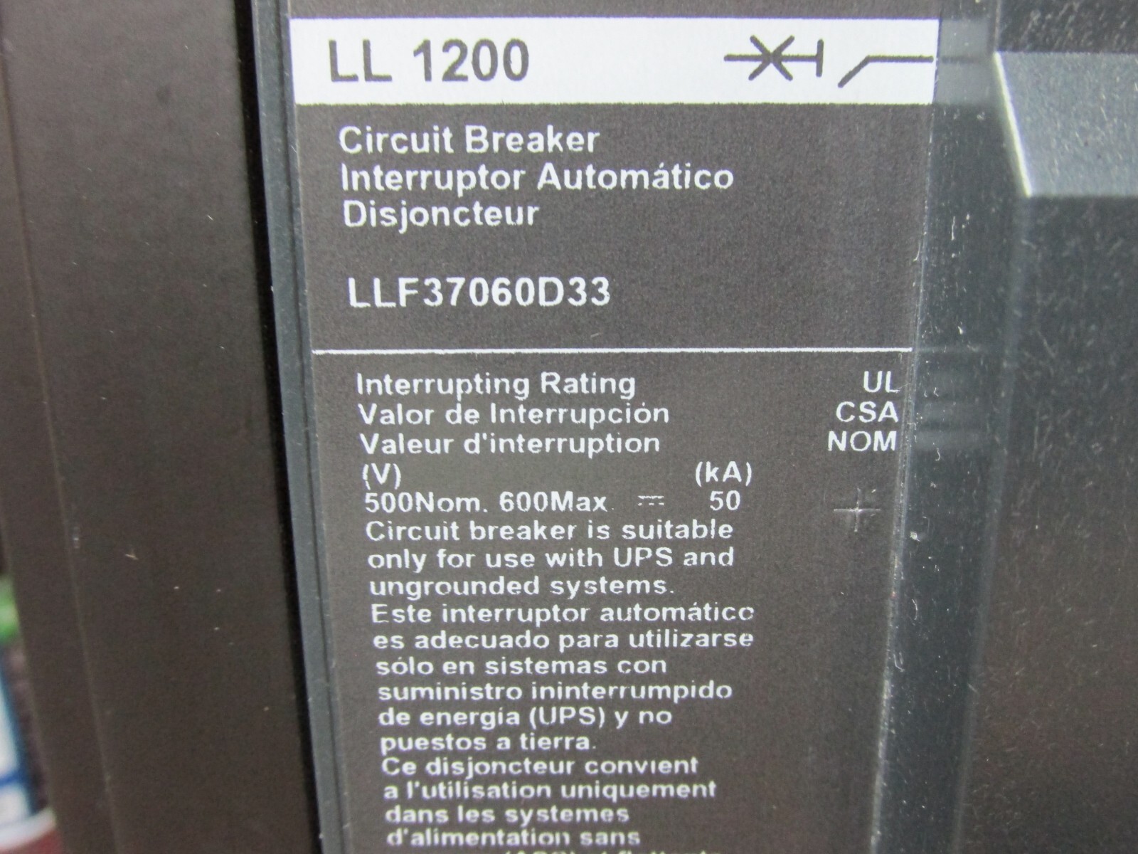 SQUARE D BREAKER LLF37060D33/MODULE J22-503-NA-10(18) TYPE LL 1200…TC-02