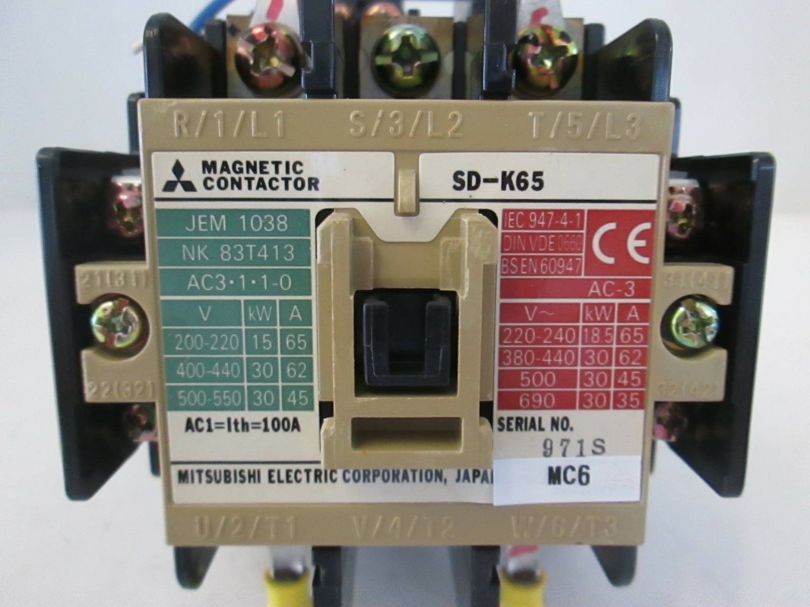 Mitsubishi SD-K65 Magnetic Contactor, 100AC Coil, Used