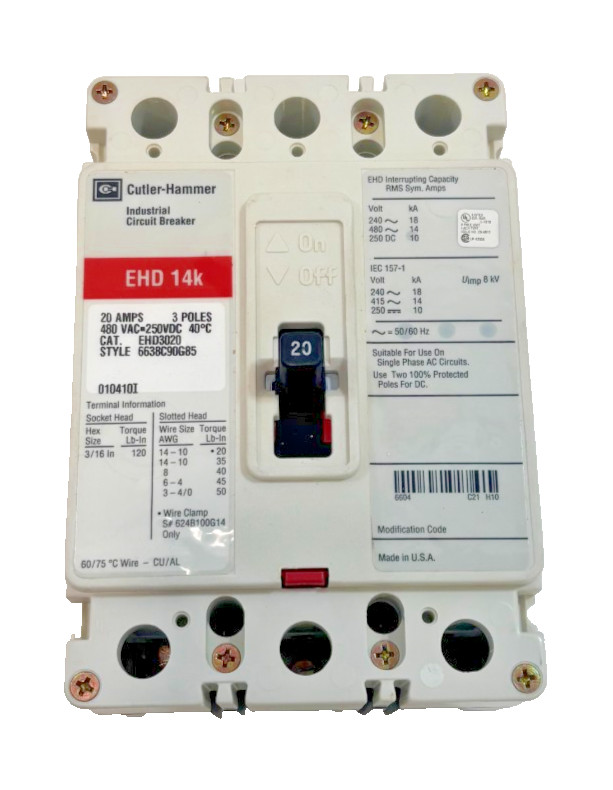 CUTLER HAMMER EHD3020 – 20A, 3P, 480 VOLT INDUSTRIAL CIRCUIT BREAKER, 14K – NEW