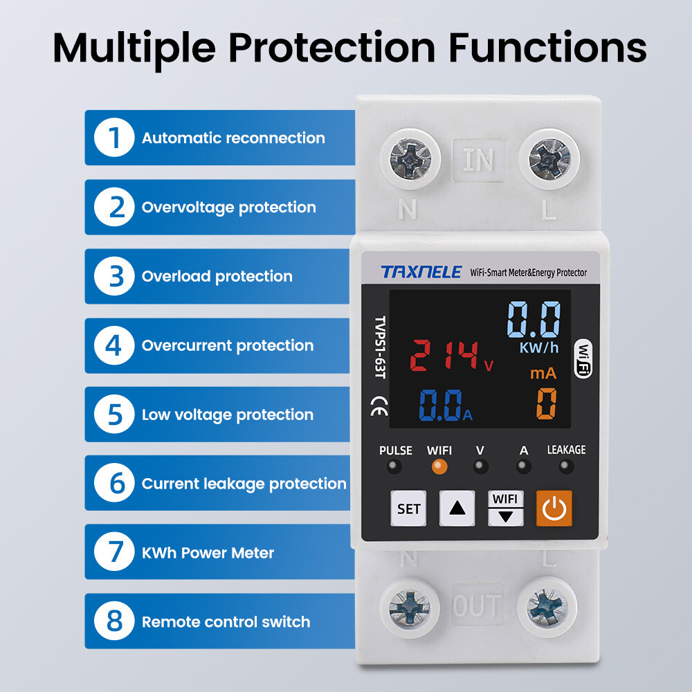 85~300VAC 63A Tuya WIFI Intelligent Control Single Phase Power Protector 50/60hz
