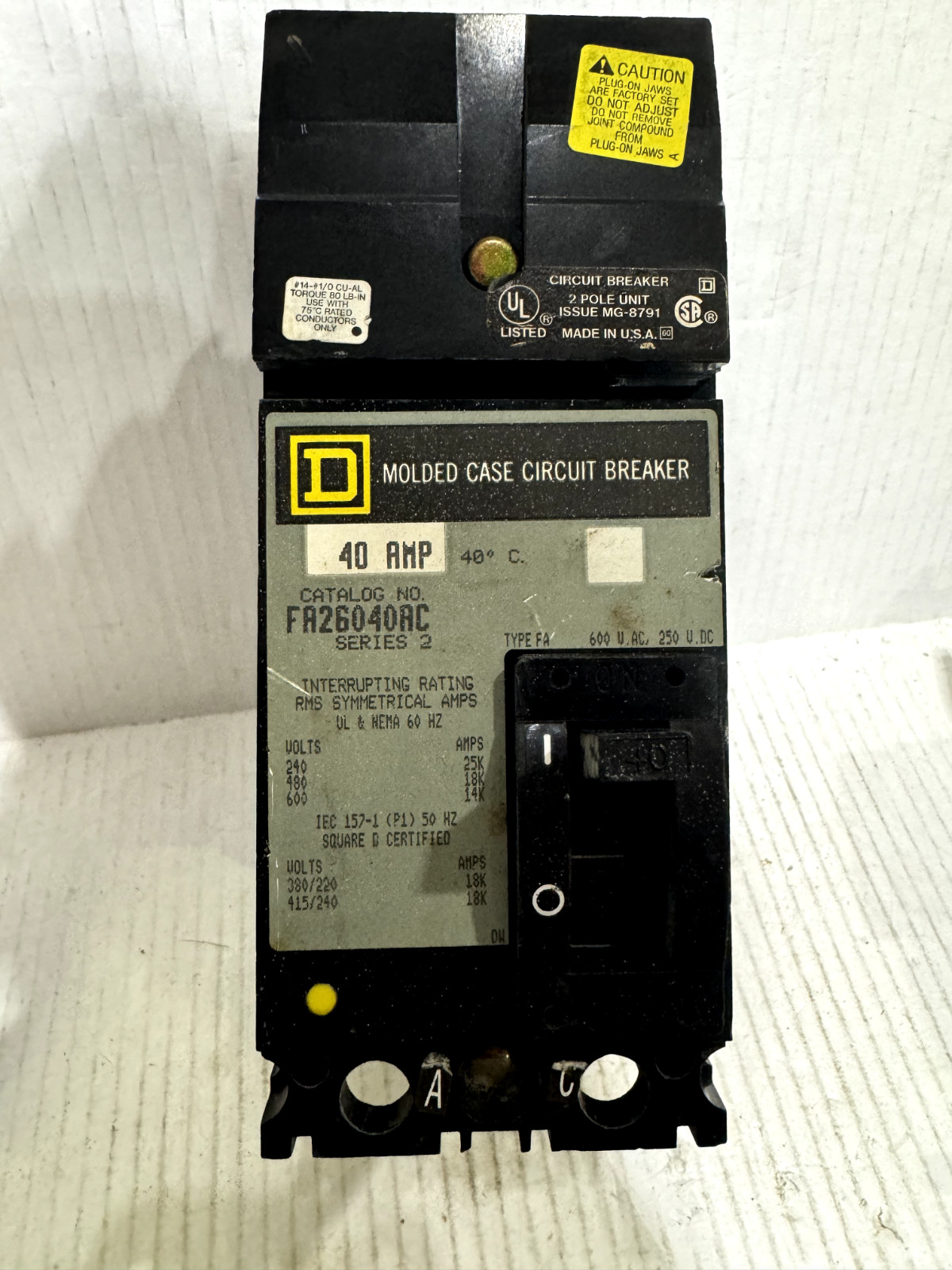 USED SQD FA26040AC (2P-40A-600V “A,C”) *SHIPS SAME DAY UPS*
