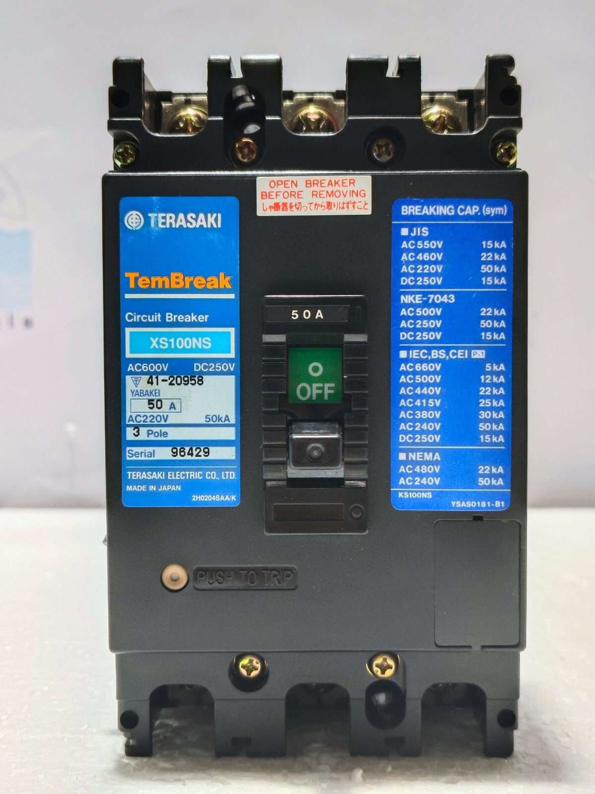 TERASAKI XS100NS, 50 A, CIRCUIT BREAKER AC200-480V MCCB 3P (Free Shipping)