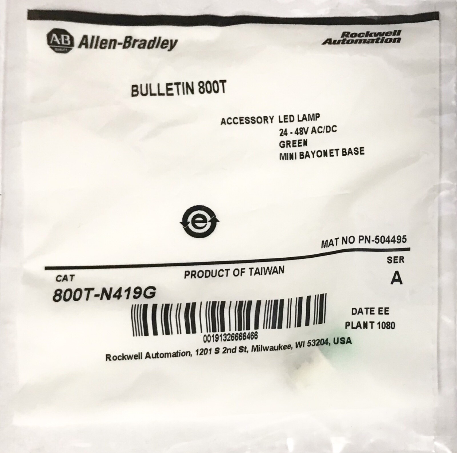 ALLEN BRADLEY 800T N419G 24-48 VAC VDC Green LED Lamp Bulb