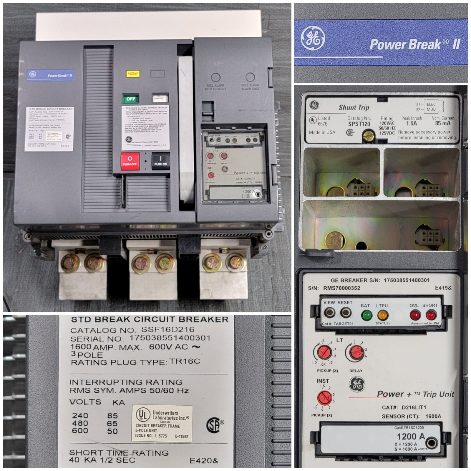 GE Power Break II SSF16D216 3 Pole 1600 Amp 600v Circuit Breaker D216LIT1 Trip