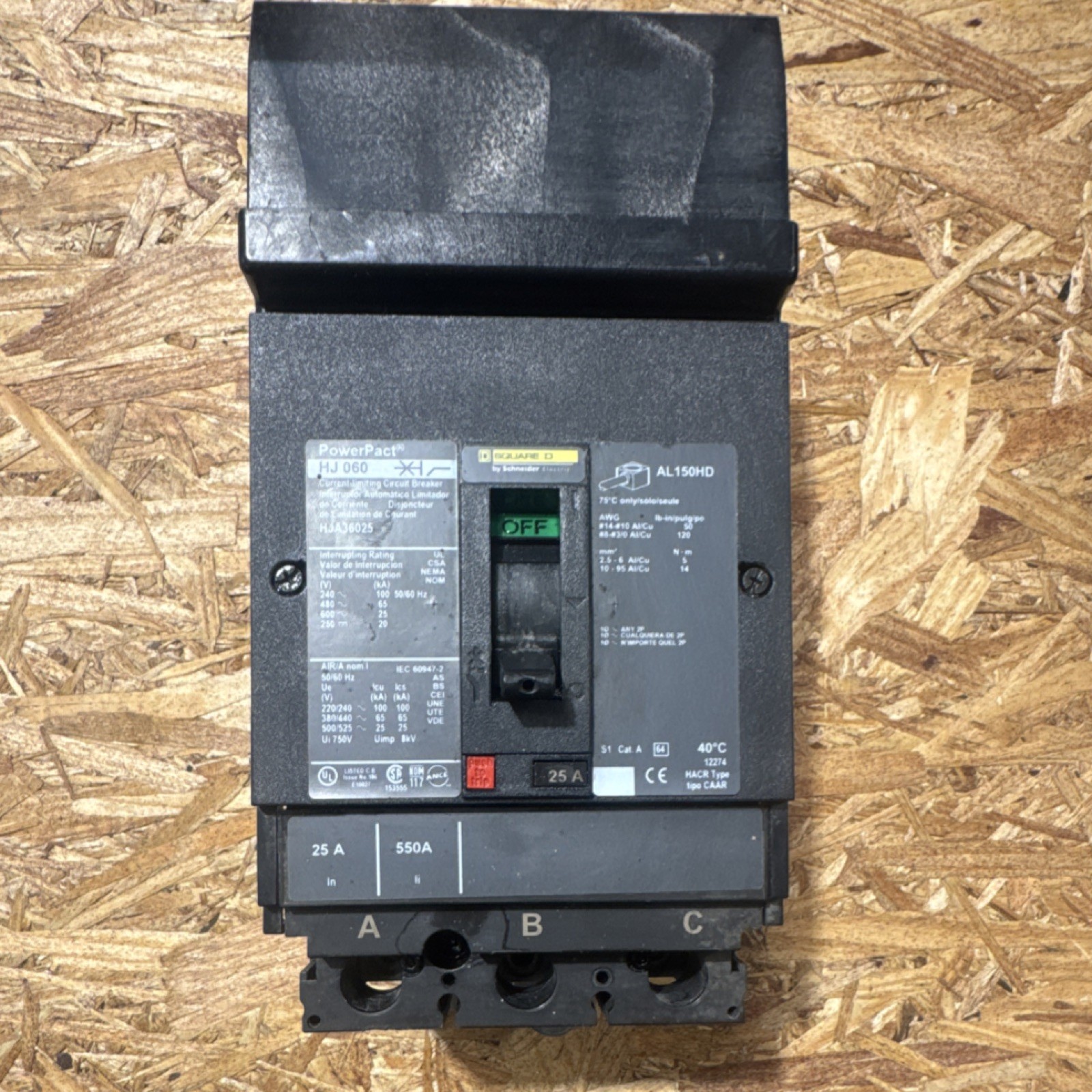 Square D PowerPact HJ060 Circuit Breaker 25A 240/480/600V AC 3-Pole HJA36025