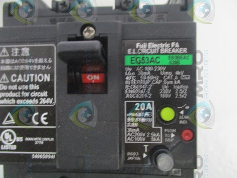 FUJI ELECTRIC EG53AC EB3BEAC-020B EARTH LEAKAGE CIRCUIT BREAKER 20A NSMP