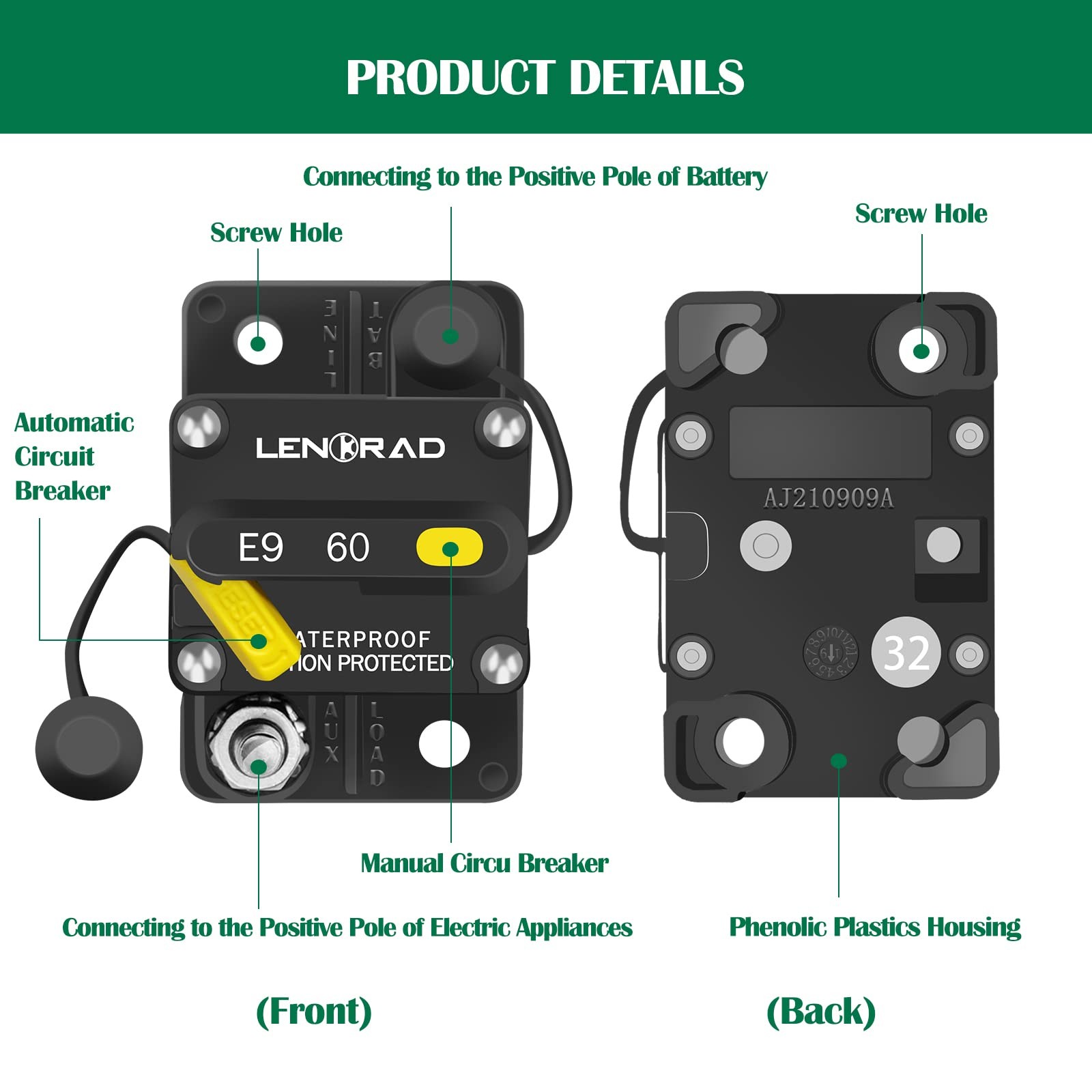 60 Amp Marine Boat Circuit Breaker with Manual Reset Switch 12V-48V DC