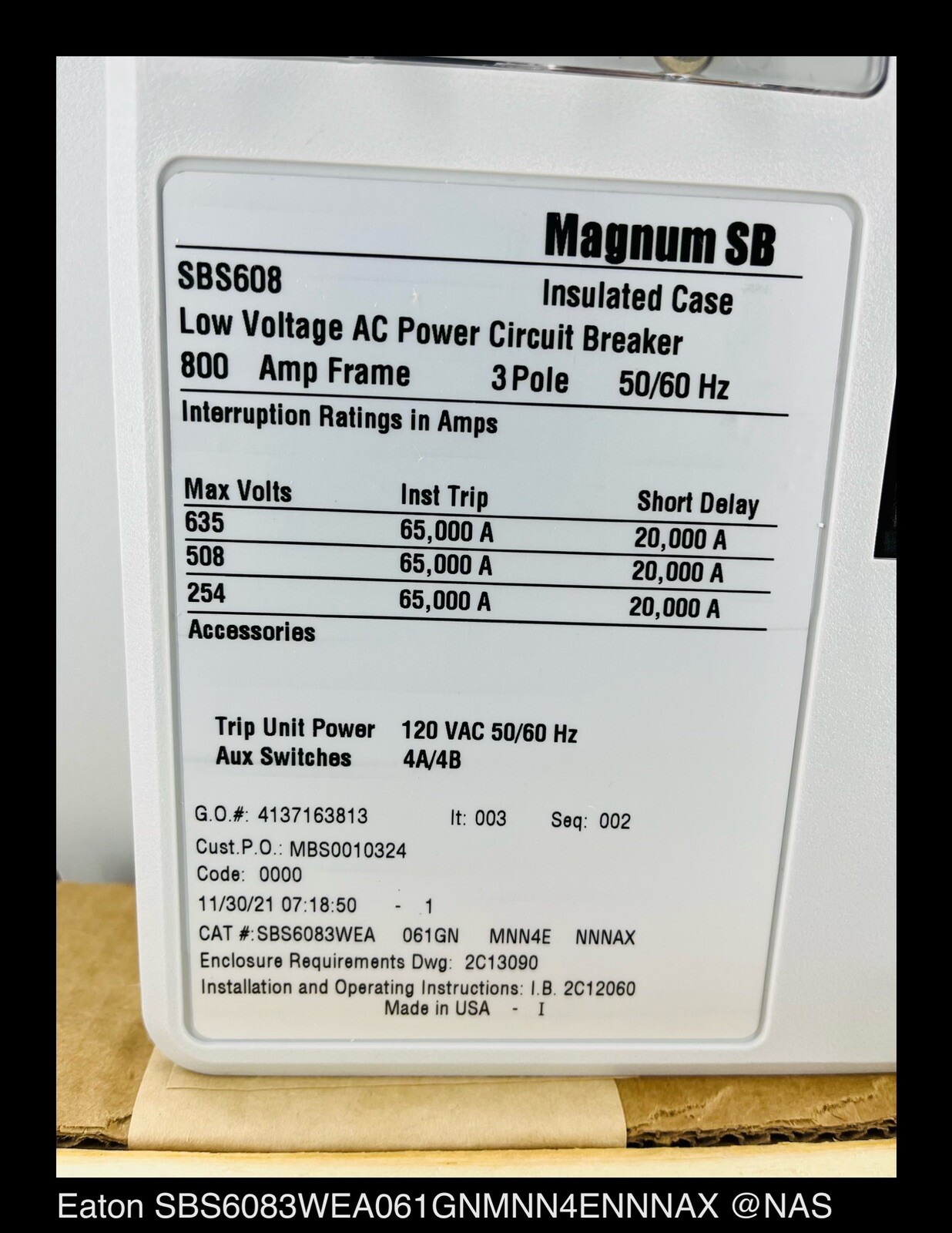 Eaton Magnum SB SBS608 Breaker (M/O,D/O) ~ 600 Amp – Unused Surplus