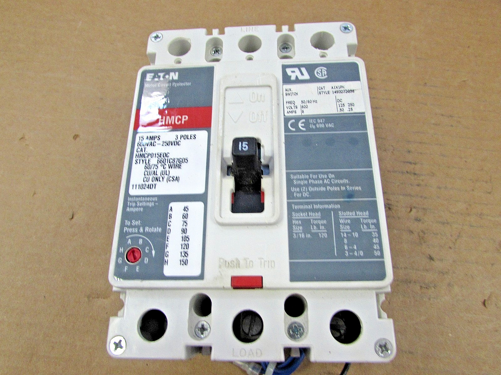 Eaton Series C Motor Circuit Protector HMCP015EOC 15A 600VAC (USED Good Takeout)