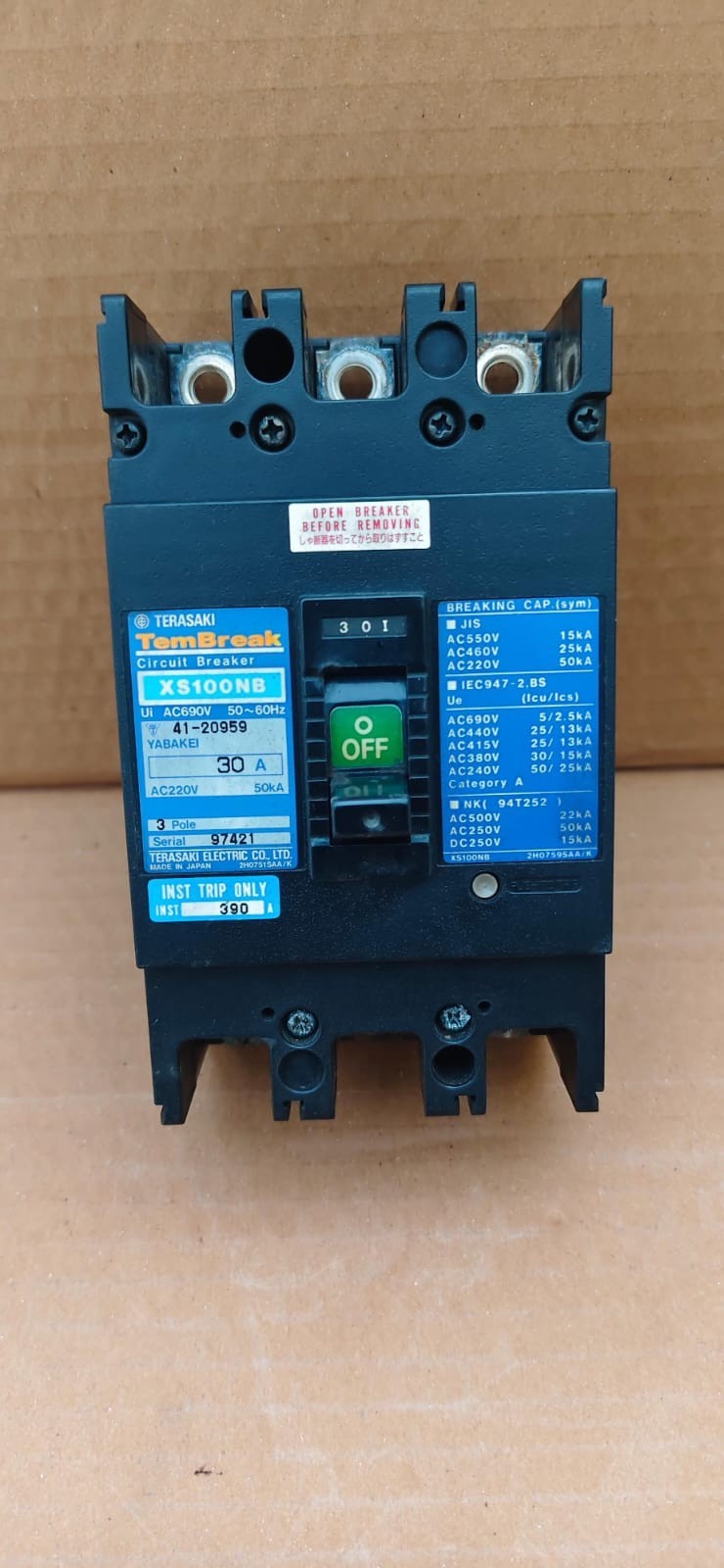 TERASAKI TEMBREAK XS100NB 30A 3 POLE CIRCUIT BREAKER AC 690V 50~60Hz 41-20959