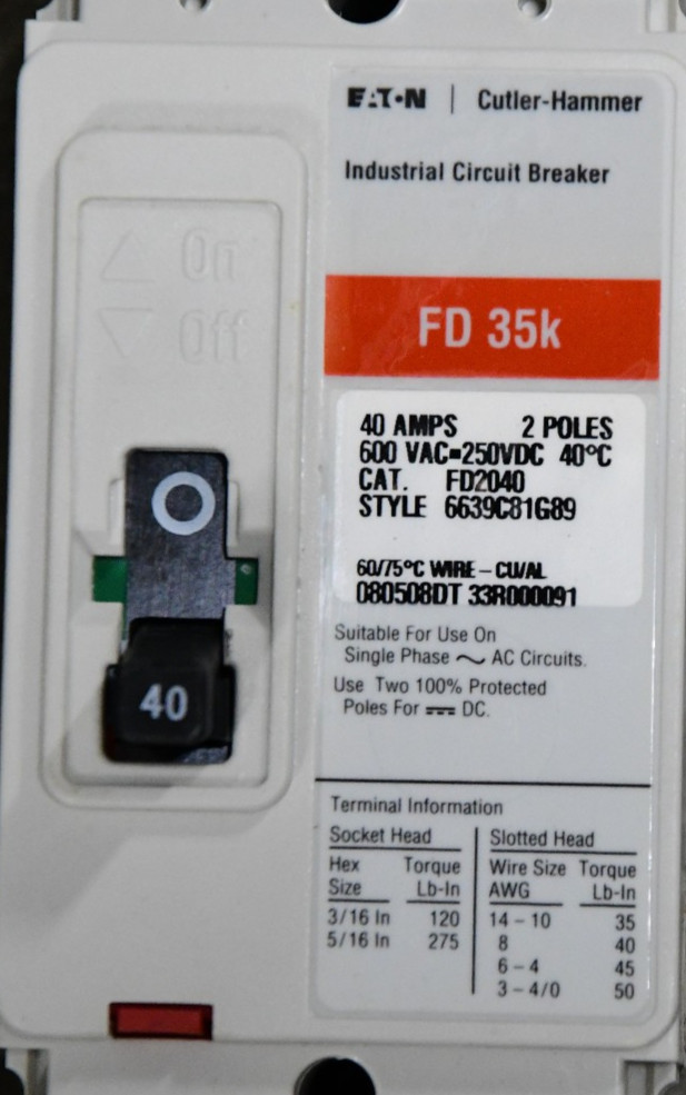 FD2040 Eaton/Cutler Hammer 40A 600V 2P Circuit Breaker -SES