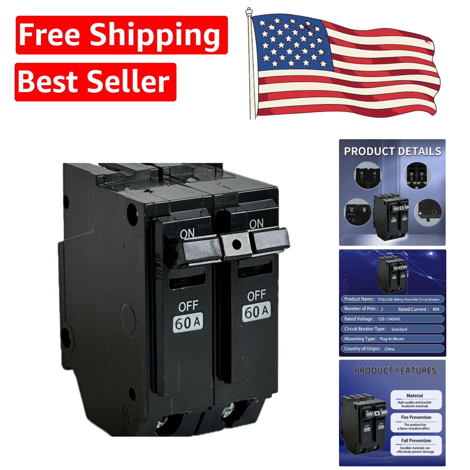 General Electric Compatible Circuit Breaker 60A-2 Poles with Thermal Protection