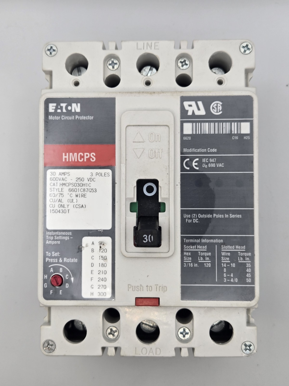 Eaton HMCPS030H1C Thermal Magnetic Circuit Breaker, F-Frame, C,30A,3 Pole, 25kva