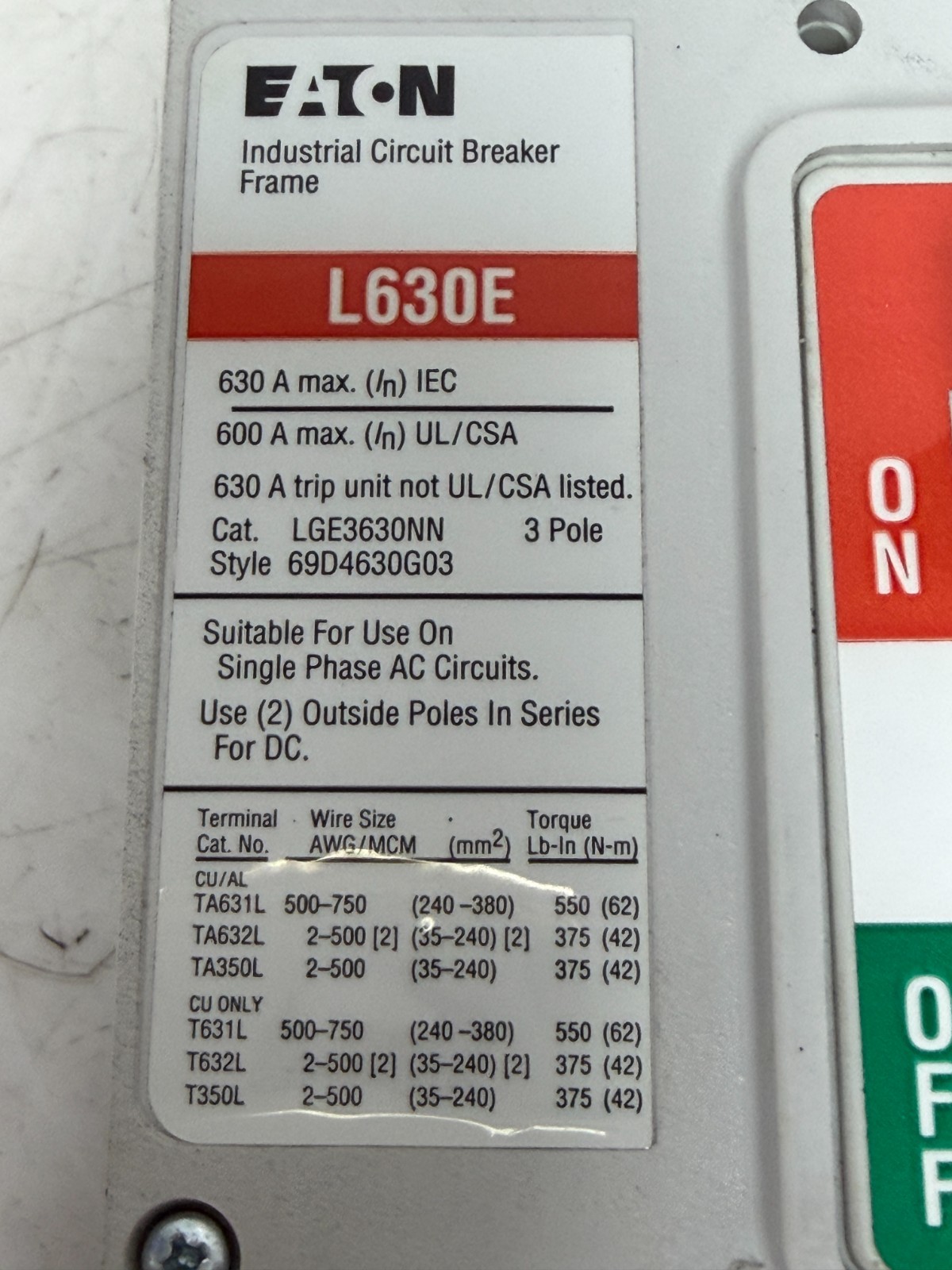 👀NEW EATON 600 AMP CIRCUIT BREAKER 600 VAC 3 POLE W/ 600 AMP TRIP LGE3630NN