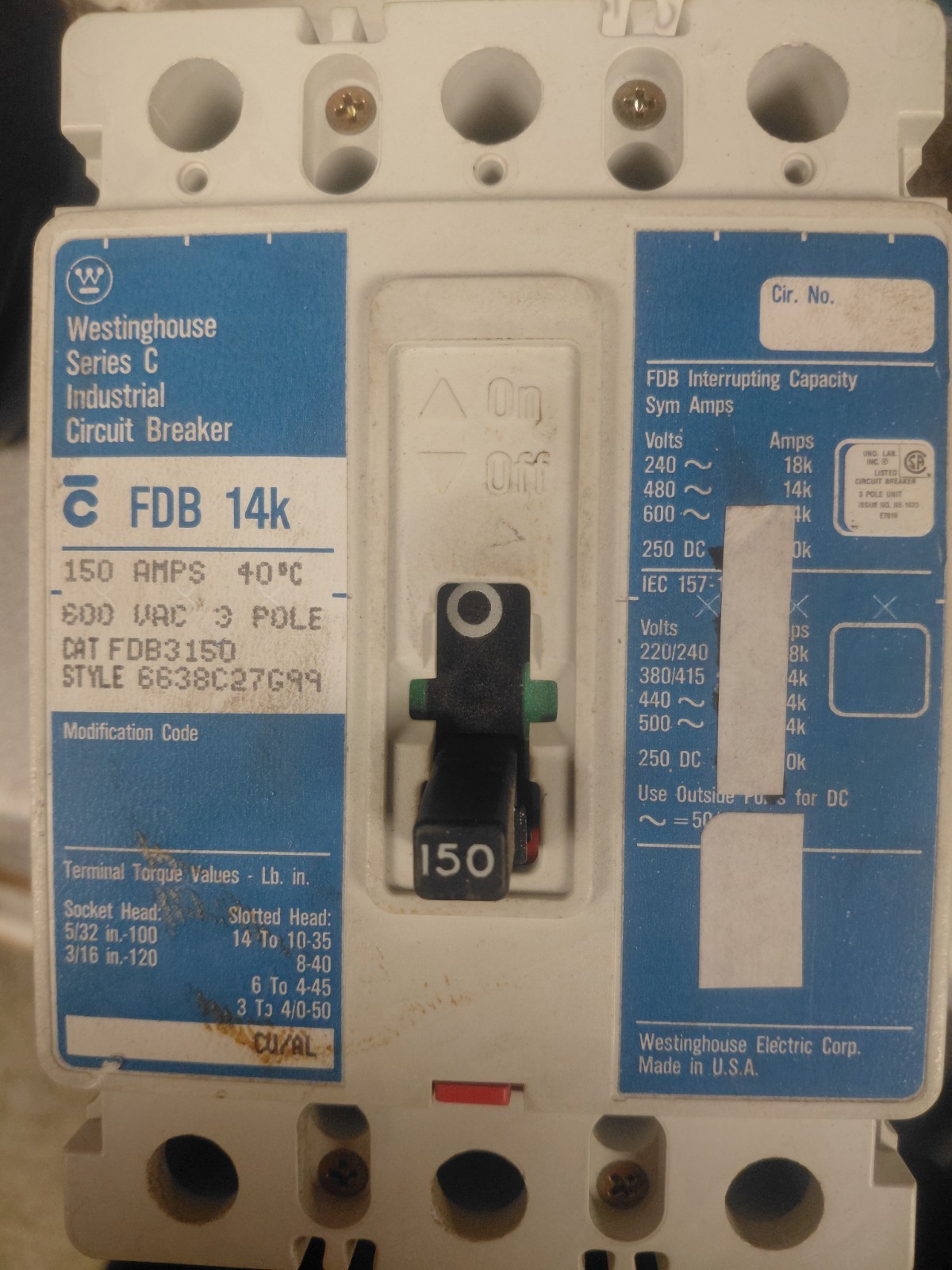 Westinghouse FDB3150, 150 Amp, 3 Phase, Breaker