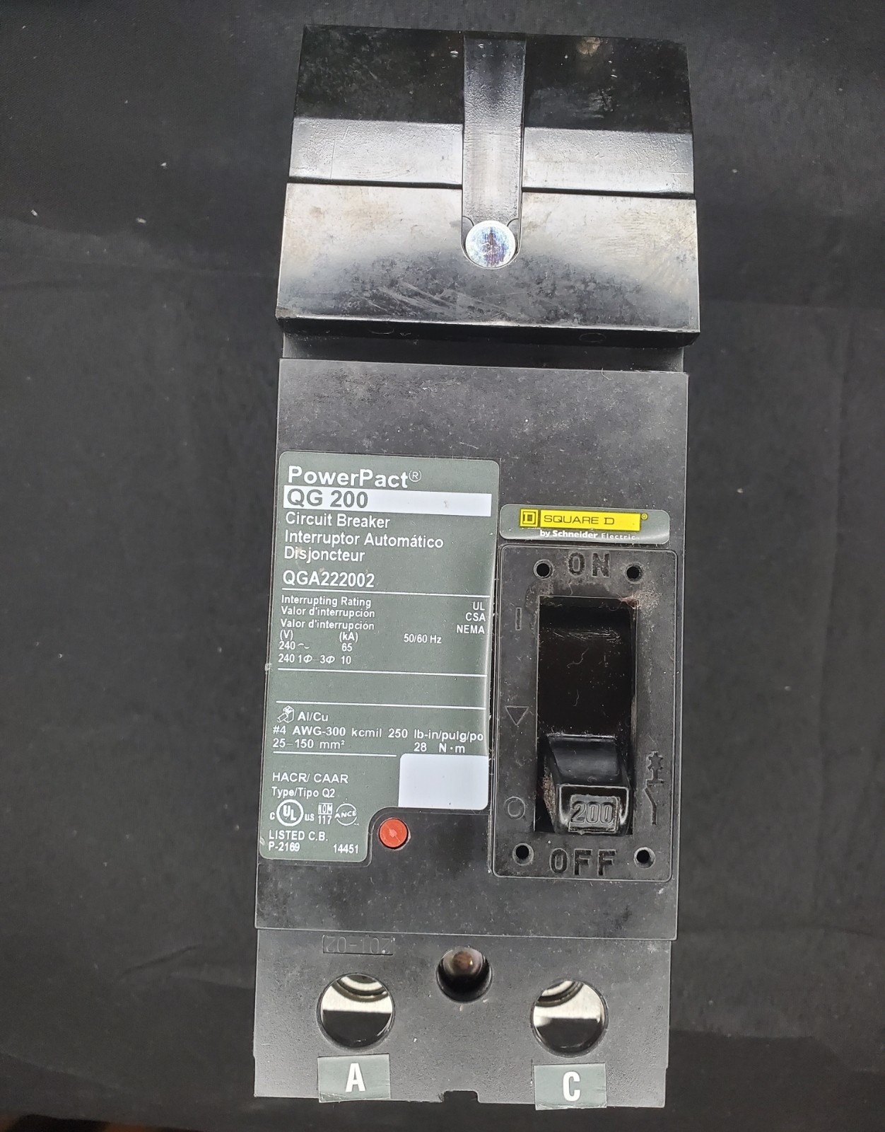 Square D 200A 240VAC 2-Pole Circuit Breaker (QGA222002) Excellent Condition 65K