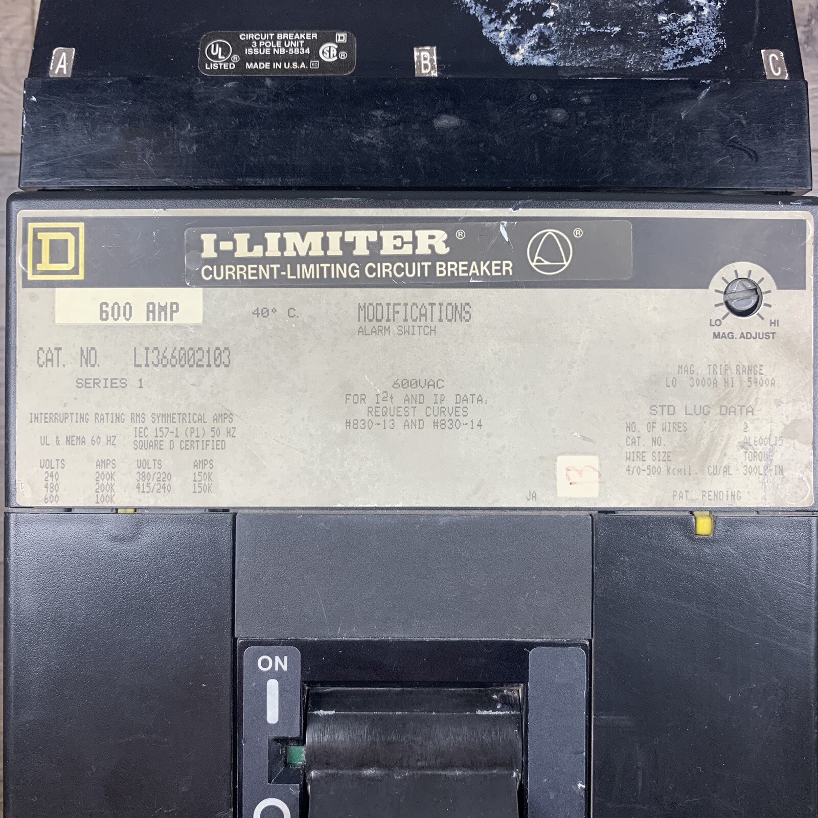 READ DESC! SQUARE D LI36600 (LI366002103) I-LIMITER BREAKER 3 POLE 600A