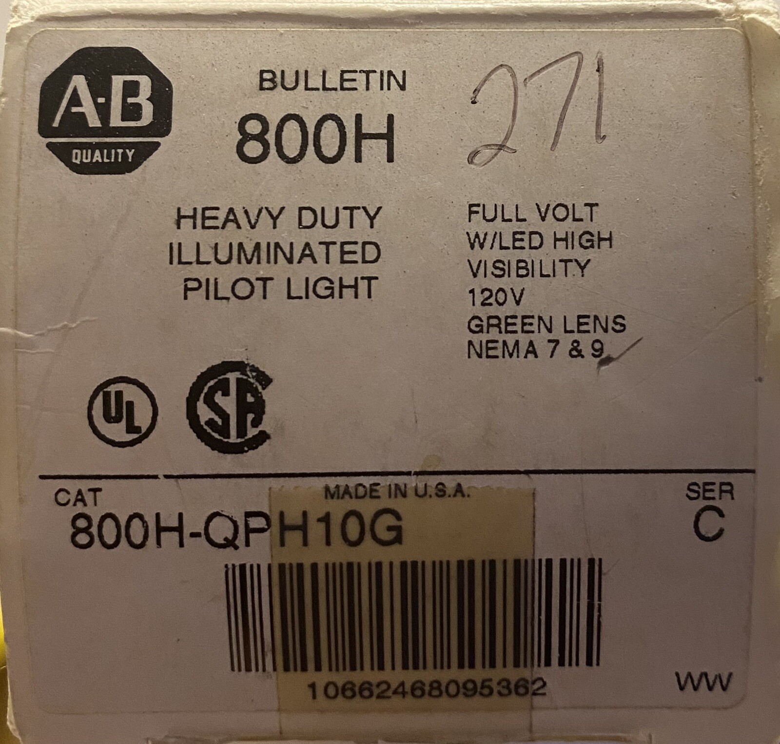 ALLEN BRADLEY 800H QPH10G Heavy Duty 120 VAC Green Illuminated Pilot Light