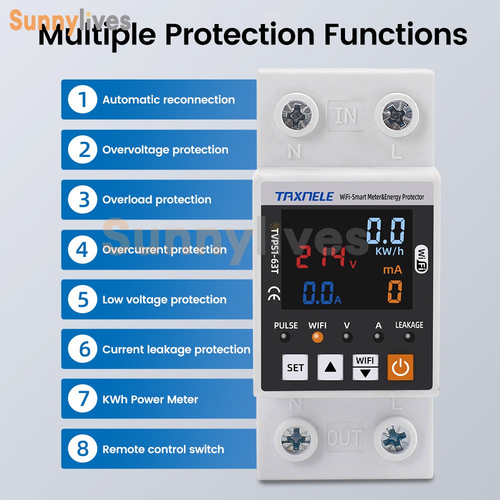 AC85~300V 63A Tuya WIFI Intelligent Control Single Phase Power Protector 50/60hz