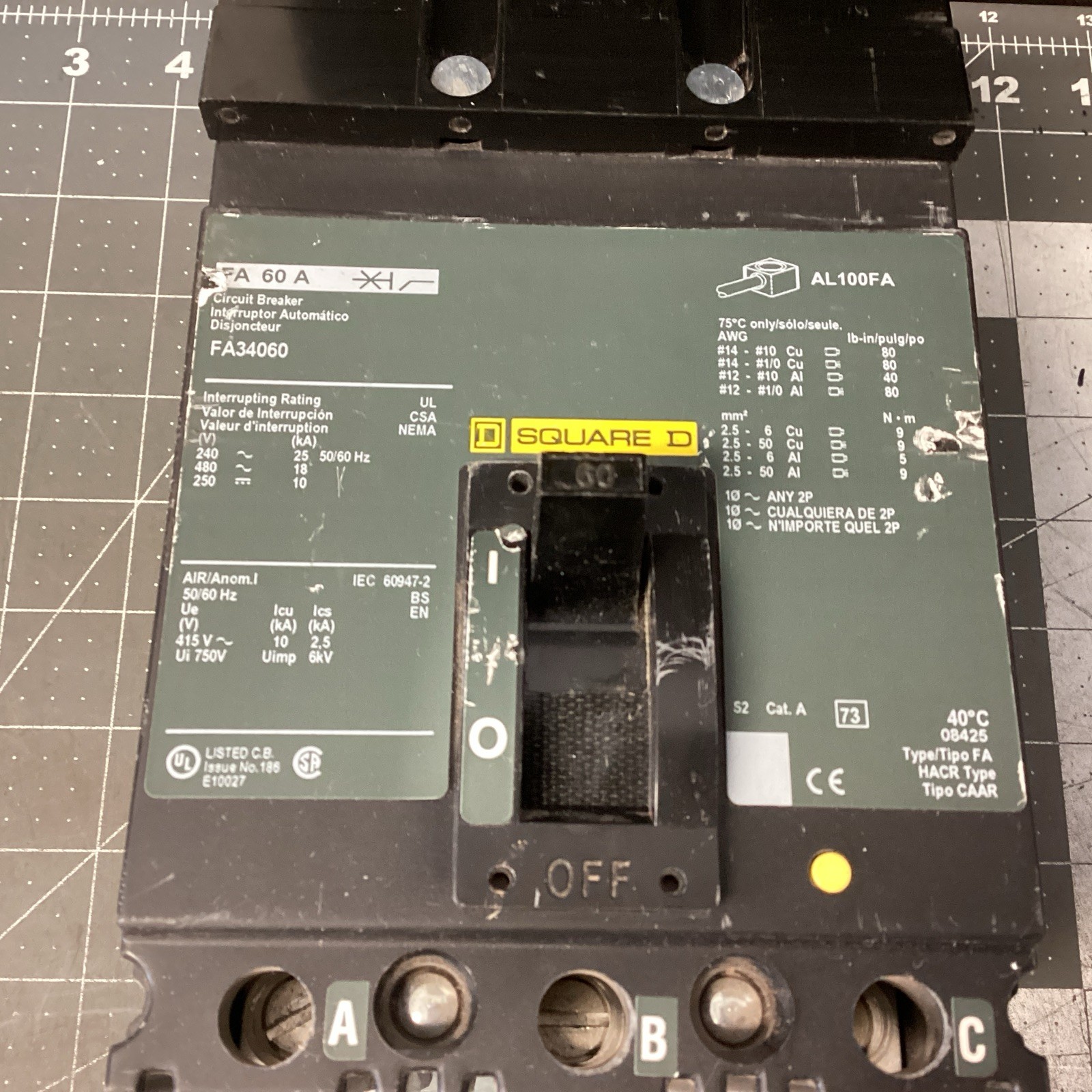 Square DFA34060 60 Amp I-Line Circuit Breaker 3-Pole 480V 18KA (LS8H)