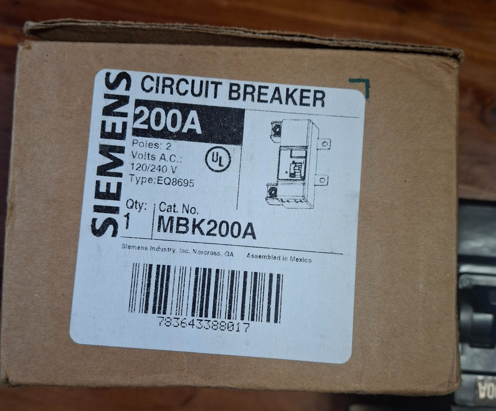 Siemens Circuit Breaker 200A 2-Pole Main Panel Type EQ8695 MBK200A HACR 200 Amp