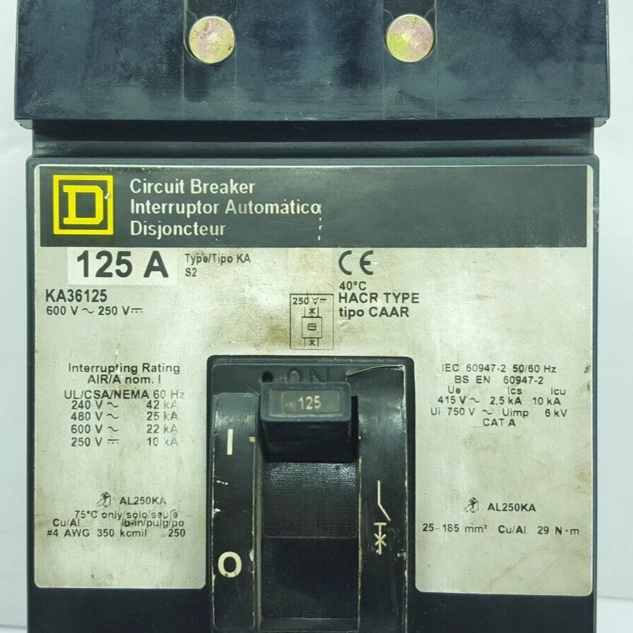 SQUARE D KA36125 3 POLE 125 AMPS CIRCUIT BREAKER 600V 250V / TESTED OK