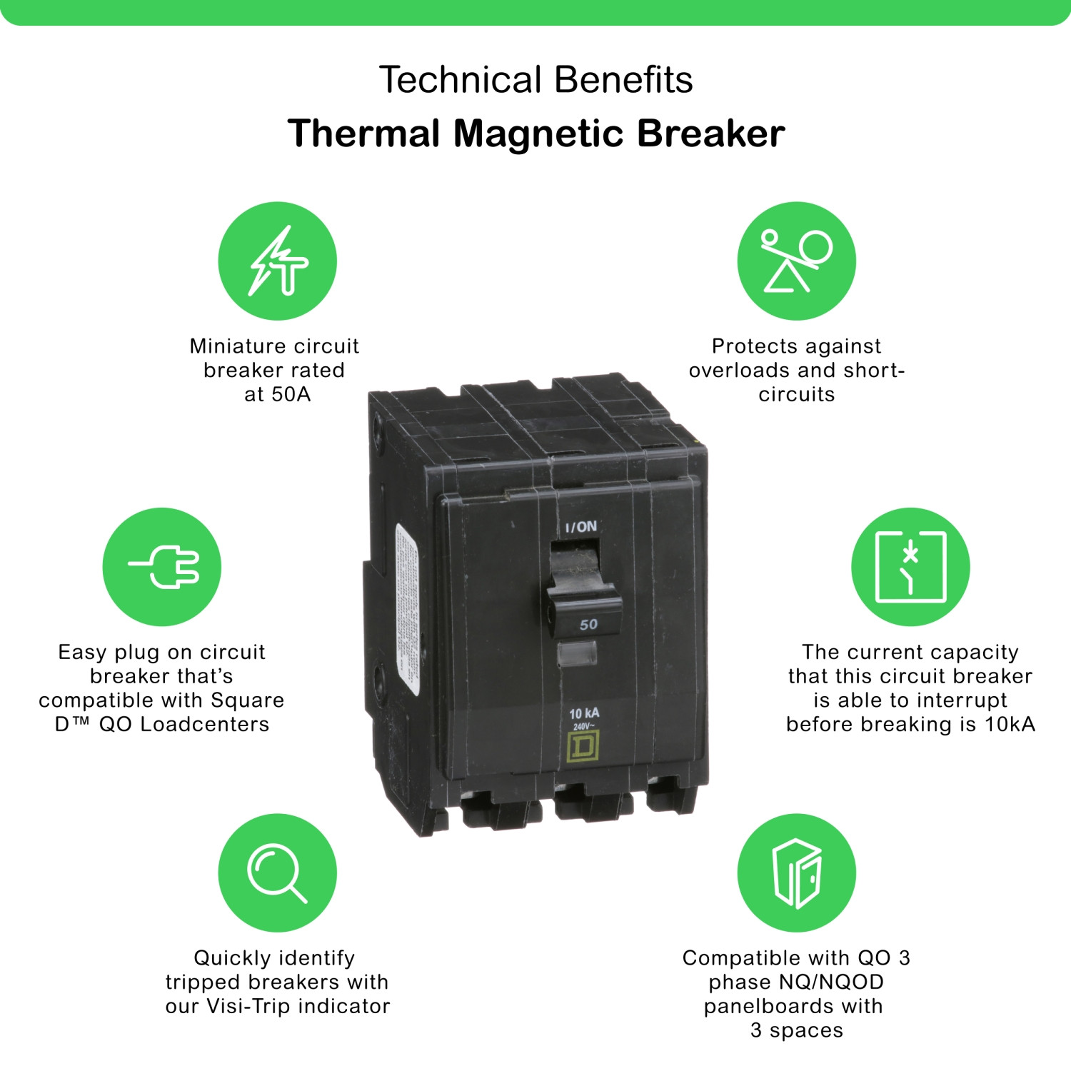 Square D QO350, 3 Pole, 50 Amp, 240 Volt, Circuit Breaker. Plug-On Thermal Magne