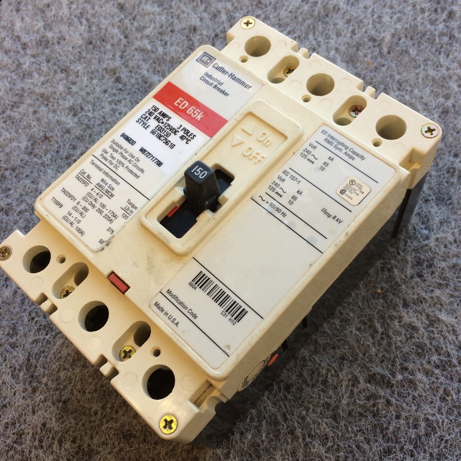 Eaton / Cutler-Hammer ED3150 3 Pole Circuit Breaker 150 Amp ED 65k