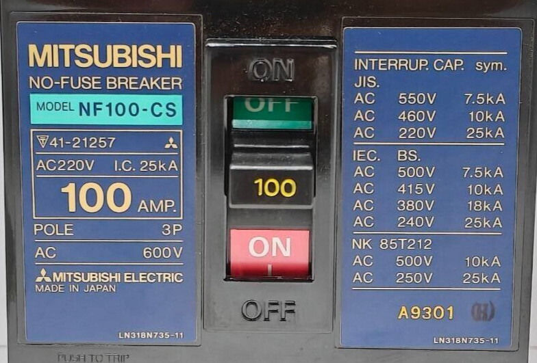 MITSUBISHI NF100-CS NO-FUSE CIRCUIT BREAKER 100A 3 POLE 600VAC NEW FAST SHIPPING