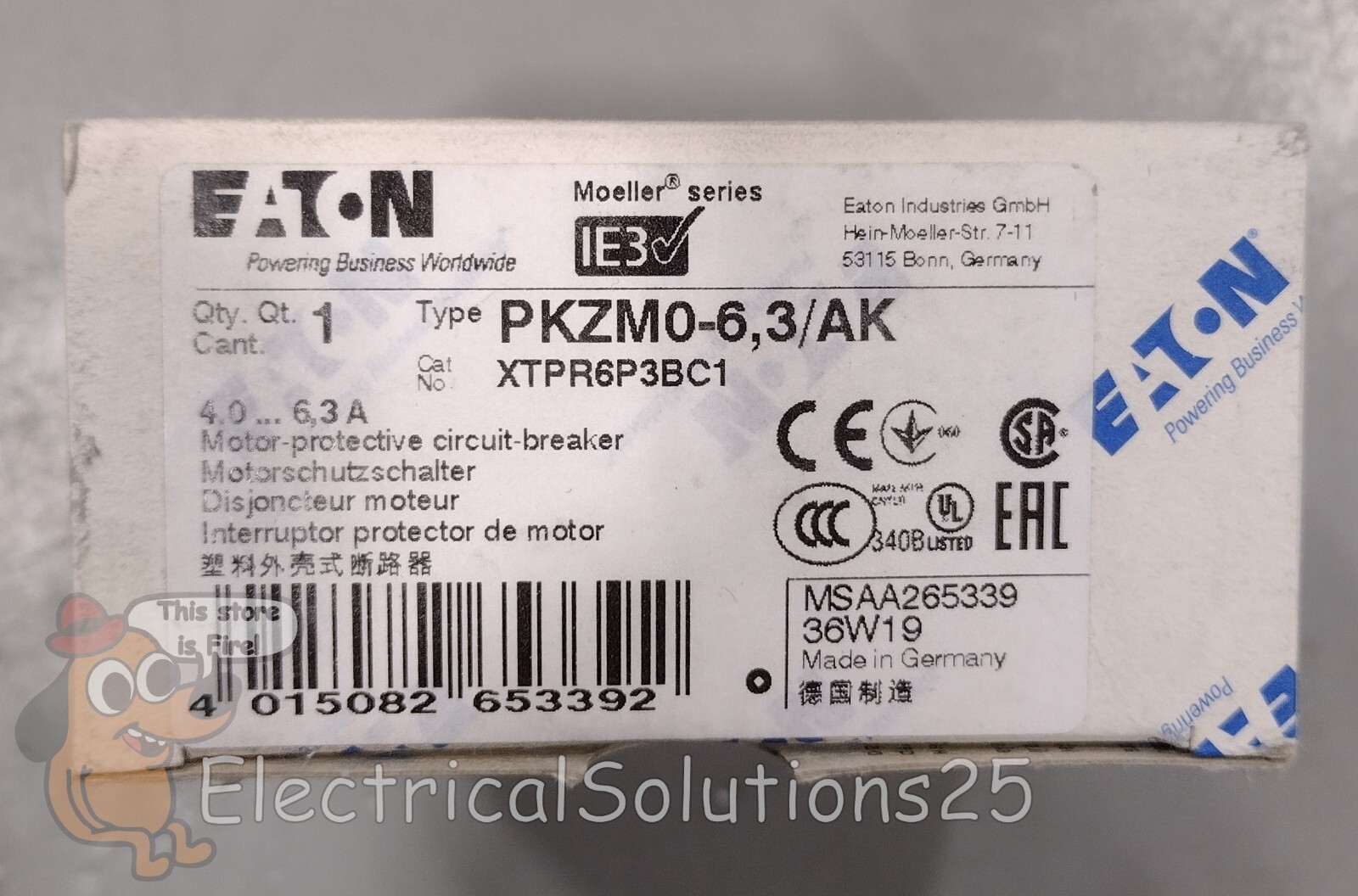 New Eaton PKZM0-6.3/AK Manual Motor Protector. 4-6.3A XTPR6P3BC1 – Free Shipping