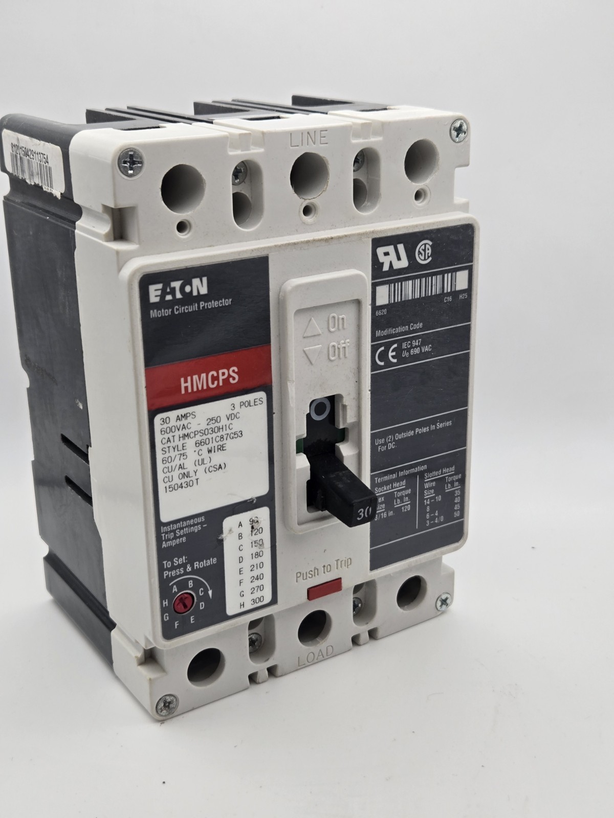 Eaton HMCPS030H1C Thermal Magnetic Circuit Breaker, F-Frame, C,30A,3 Pole, 25kva