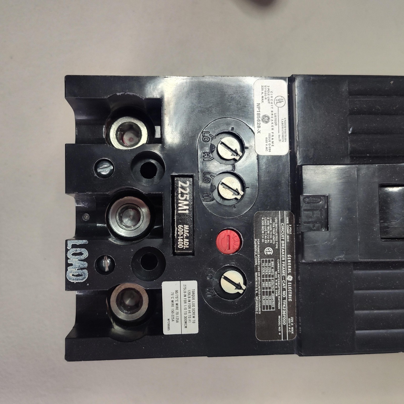 GE TFK236F000 F-225 Main Circuit Breaker Frame 3 Pole 225A 600VAC Black Used