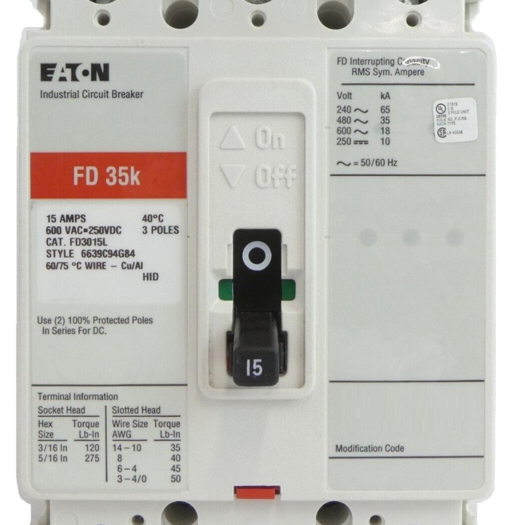 Eaton 6639C94G84 Industrial Circuit Breaker FD3015L FD 35k New Surplus