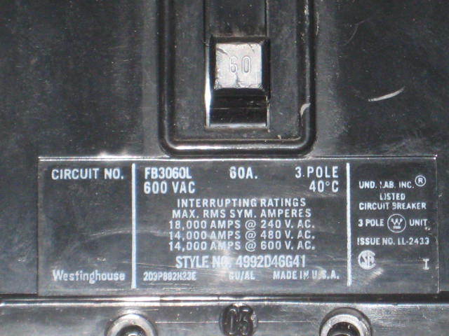 Westinghouse Circuit Breaker , FB3060L 60A 3-Pole 600V (B1)