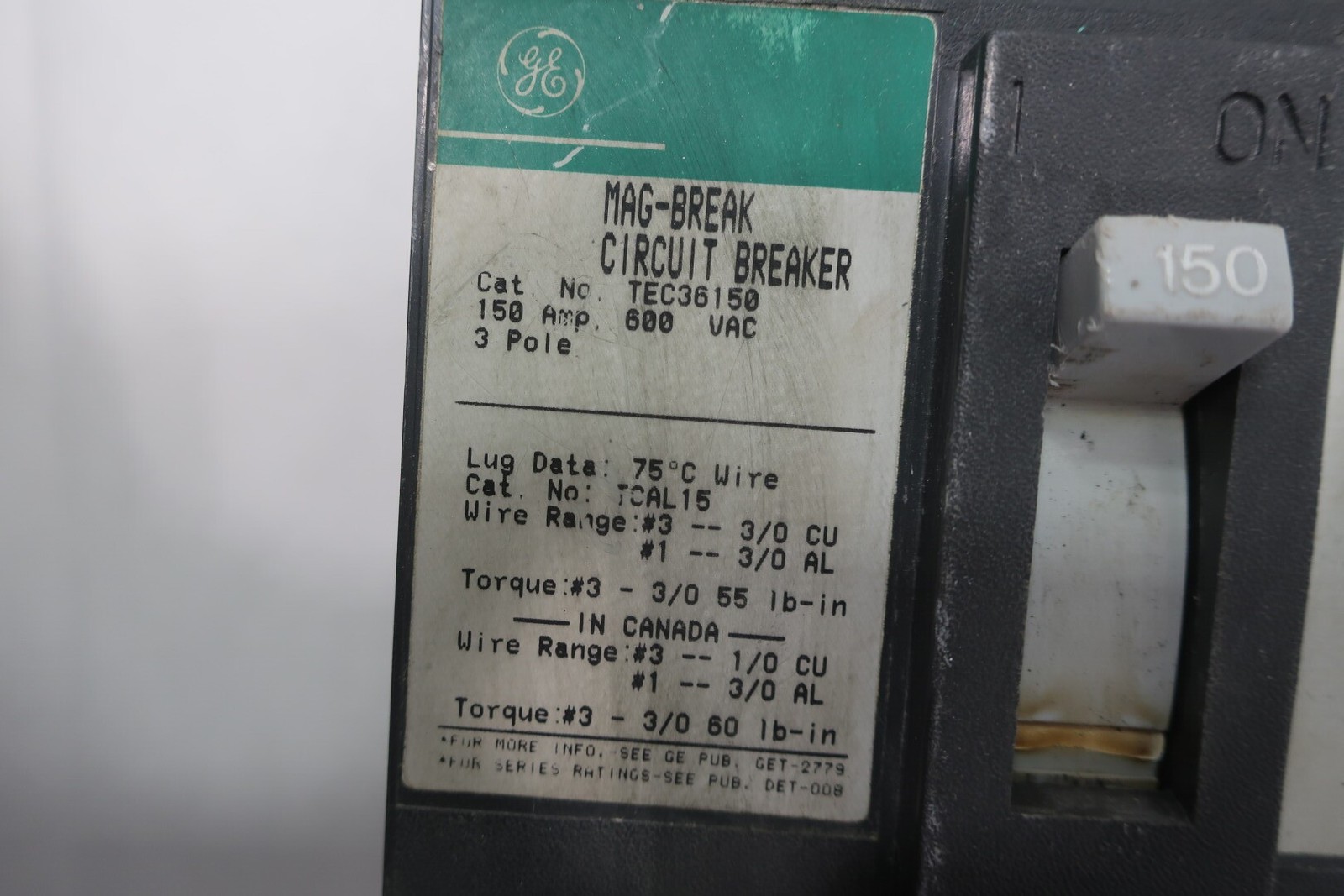 General Electric Ge TEC36150 Molded Case Circuit Breaker 150a 3p 600v-ac