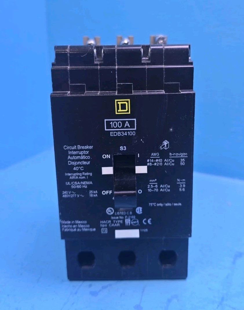 Square D EDB34100 100A 3Pole 480V Circuit Breaker