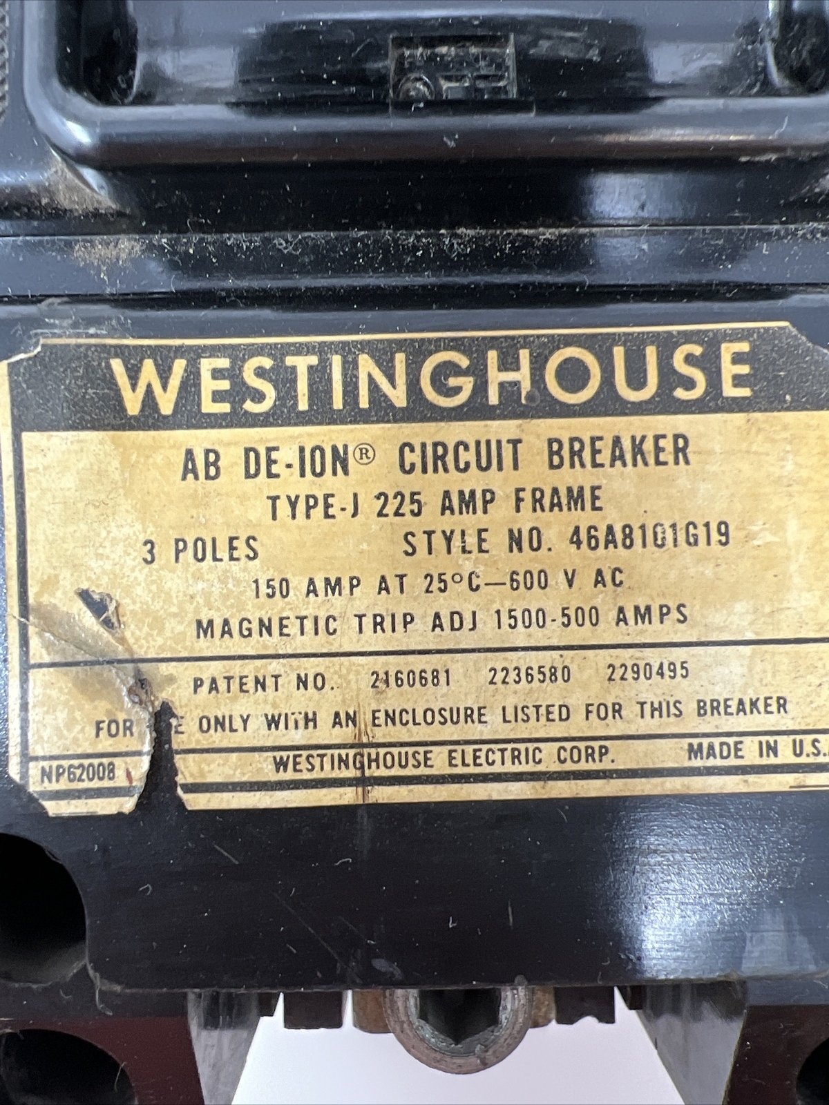 Westinghouse 46A8101G19 AB De-Ion Circuit Breaker, 3 Pole, 150 Amp, Used