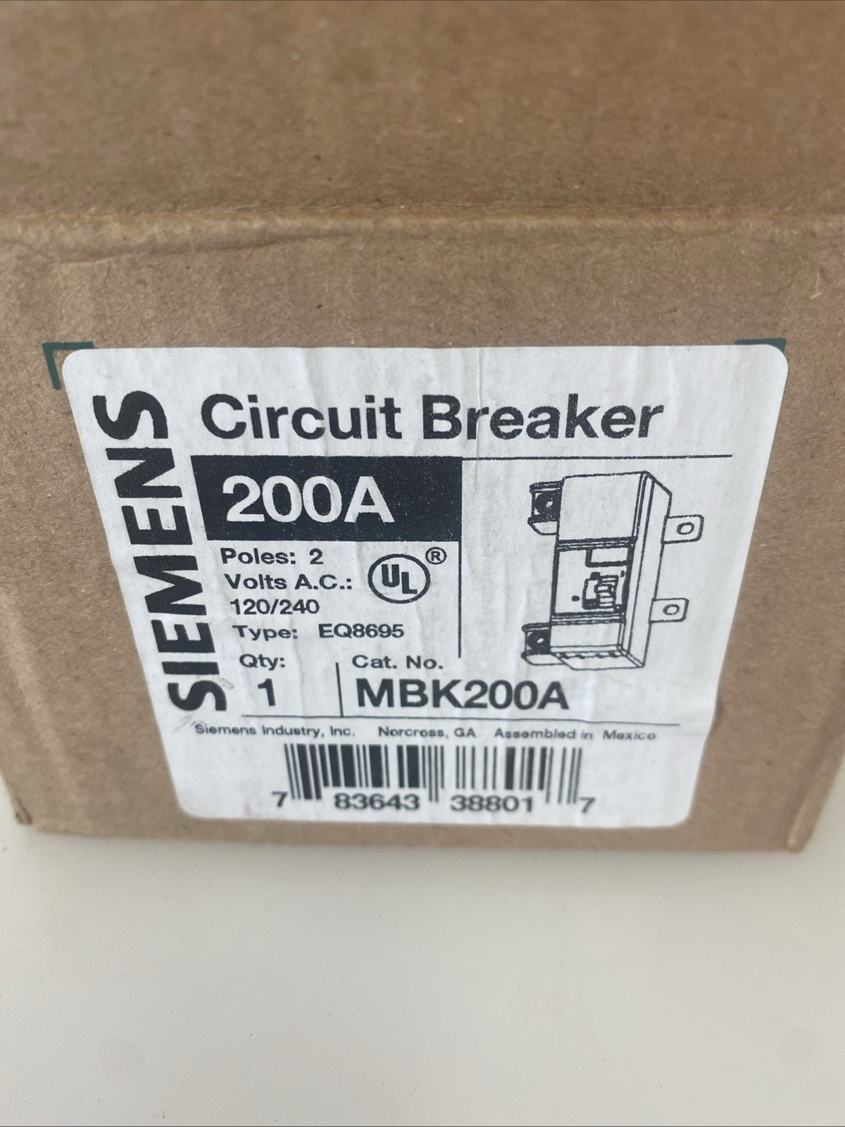 NEW Siemens MBK200A Main Circuit Breaker 200A 2-Pole 120/240v AC Type EQ8695