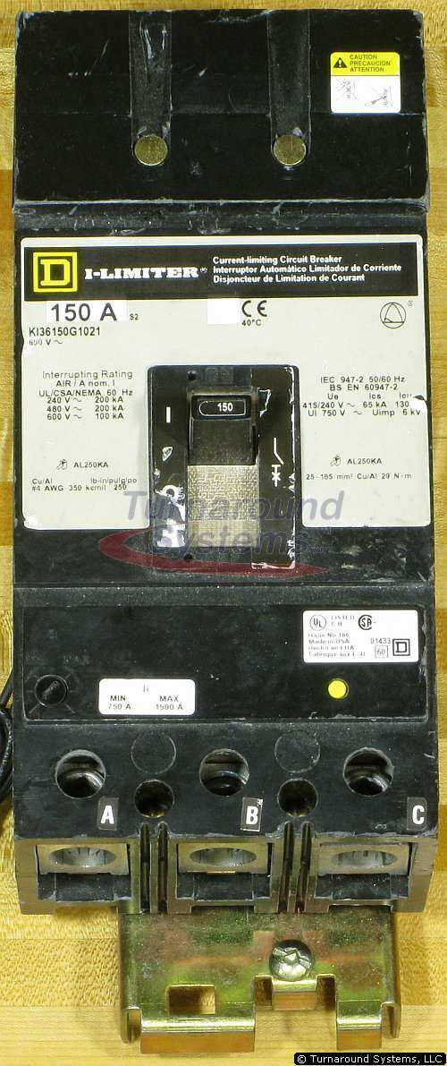 Square D KI361501021 Circuit Breaker, 150 Amp, 200 kAIR, Shunt Trip, Used