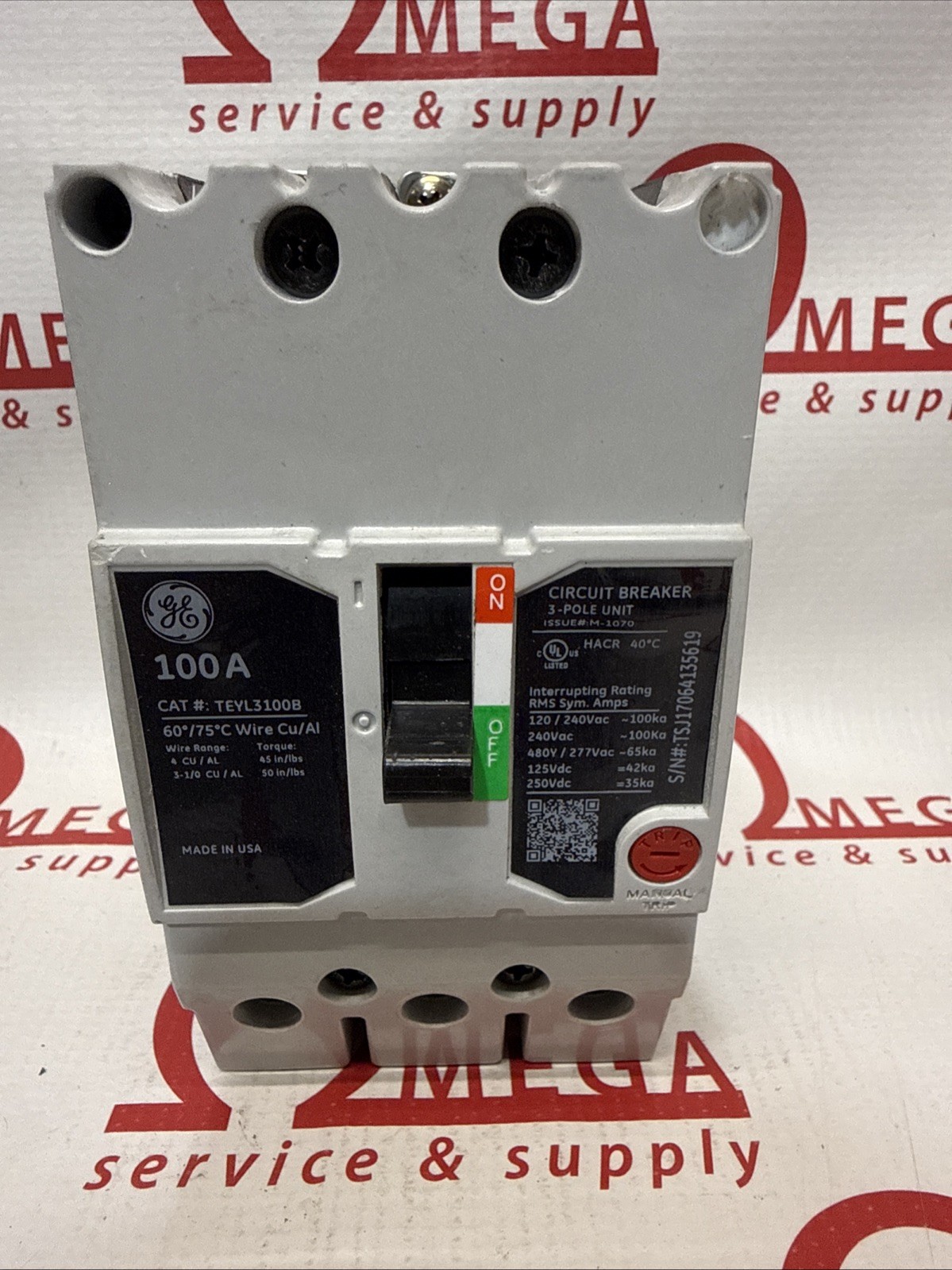 TEYL3100B GE 100 Amp 480V 3 Bolt On Circuit Breaker General Electric TEYL3100