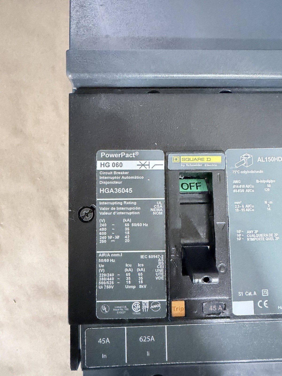 Square D HGA36045 PowerPacT 3P Circuit Breaker 45A 600V
