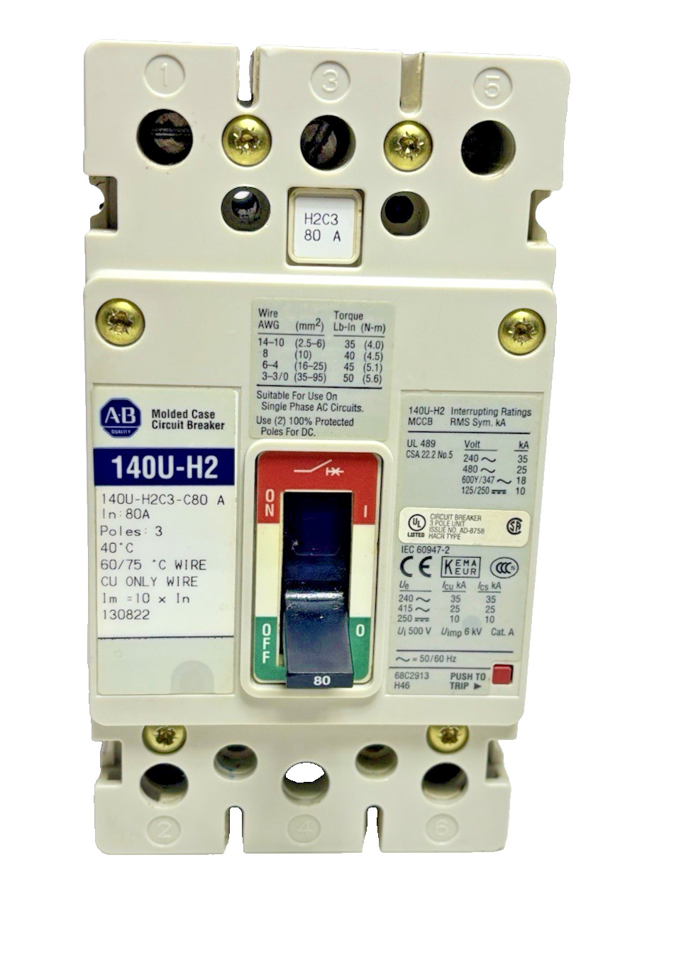 Allen-Bradley 140U-H2C3-C80 MCCB 80A 3P Circuit Breaker 600V