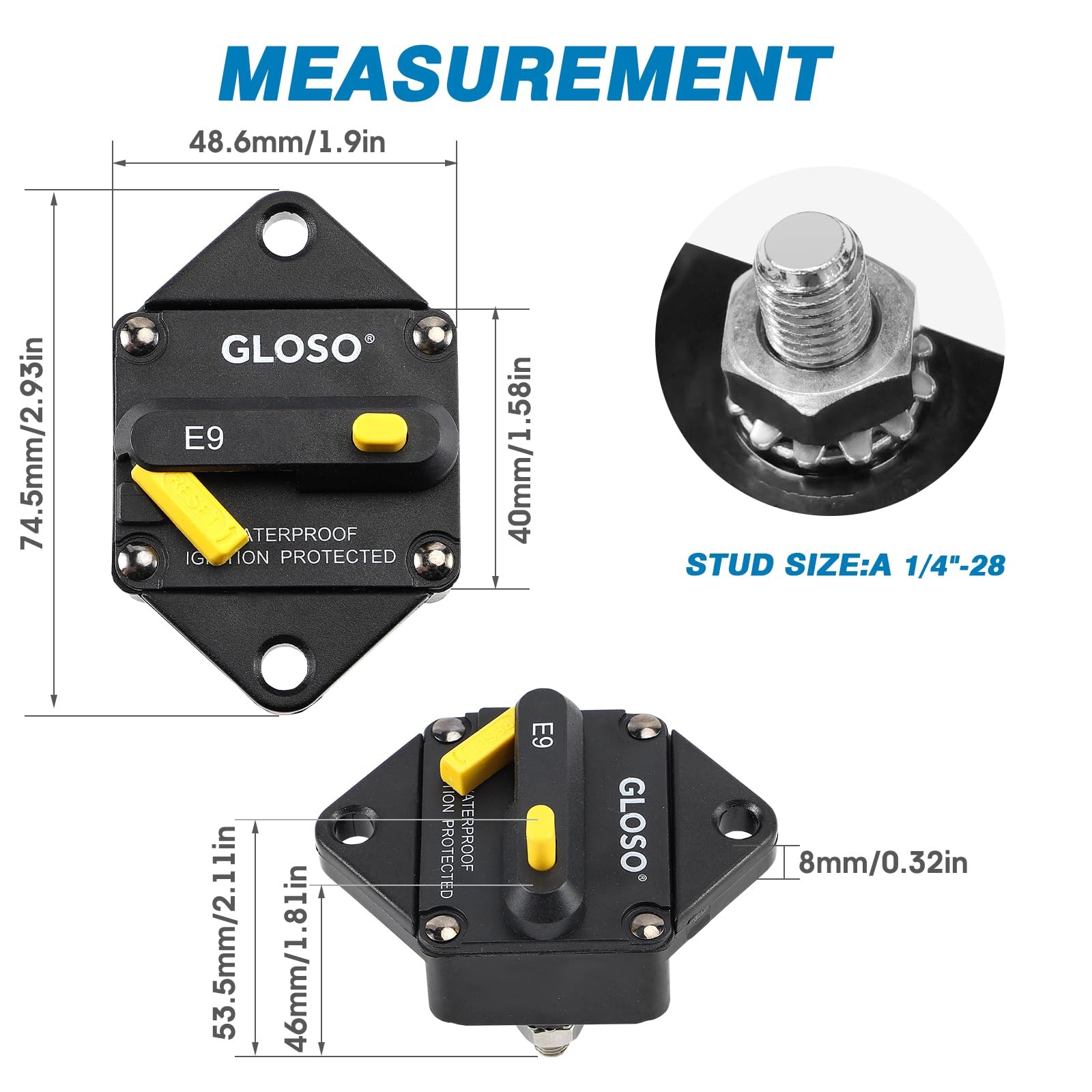 25A Panel Mount Circuit Breaker IP67 Waterproof Hi-Amp Breaker 1/4″ Stud