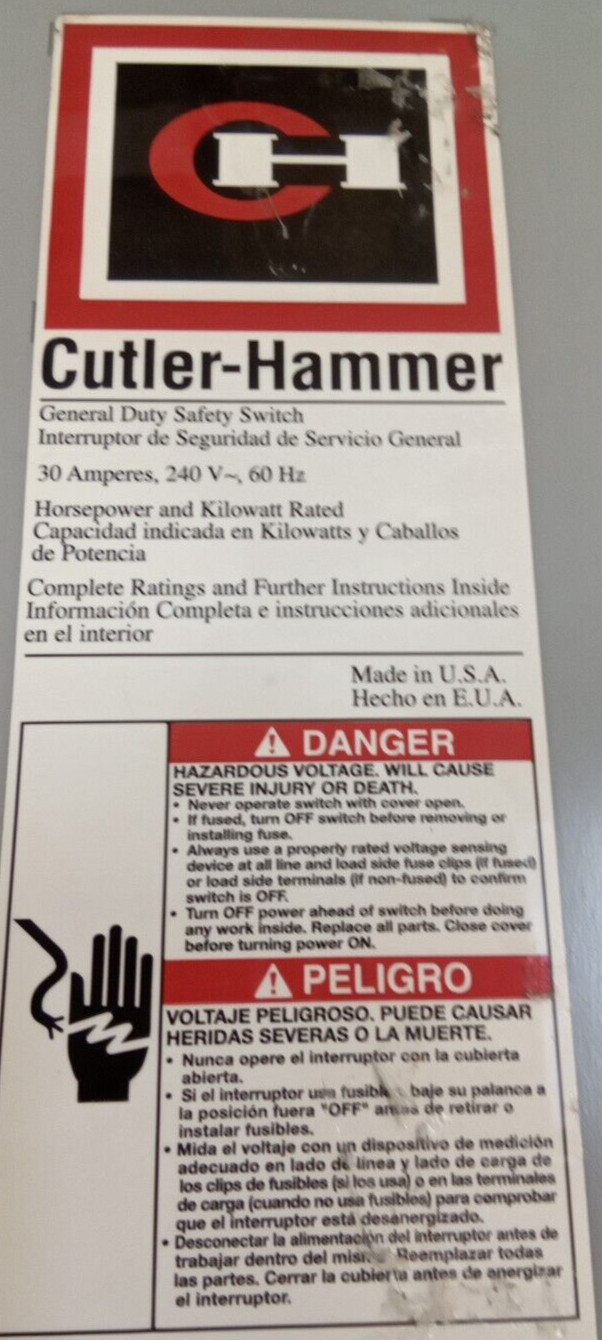 CUTLER HAMMER/DISCONNECT/SWITCH/ DG321NGB/30A/3P /240V/R1-INDOOR/FUSIBLE(B33D2