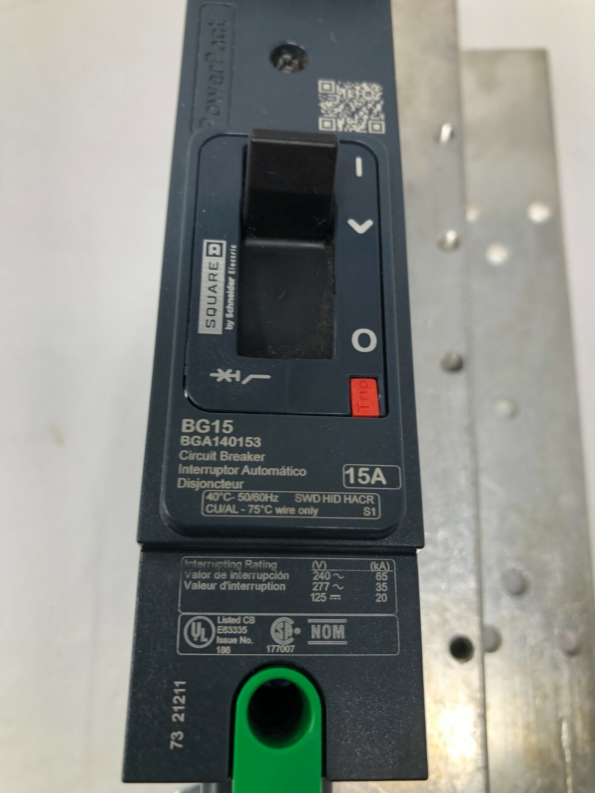 Square D BGA140153 PowerPact I-Line Molded B Circuit Breaker 277V 15A 1-P BG15