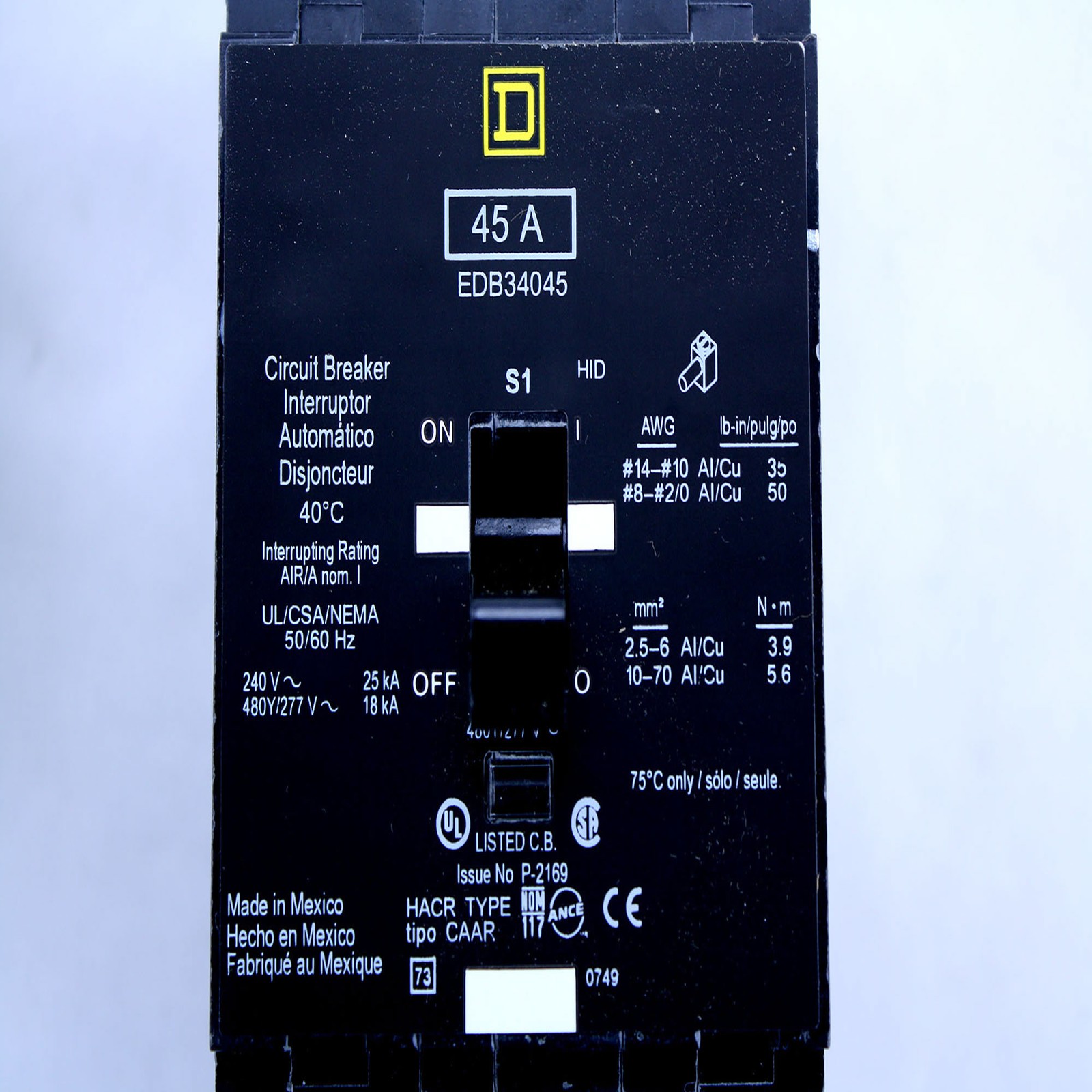 SQUARE D EDB34045 3 POLE 45 AMP 480Y/277V 18KA THERMAL MAGNETIC CIRCUIT BREAKER
