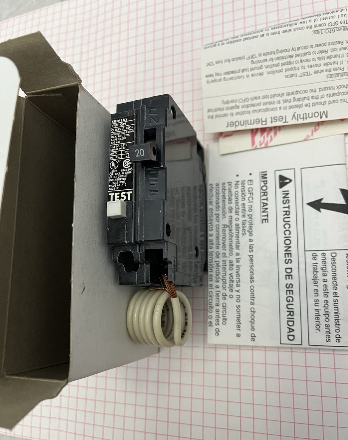 TWO each Siemens QF120: Type QPF Ground Fault Circuit Breaker, 20A, 120VAC, GFCI